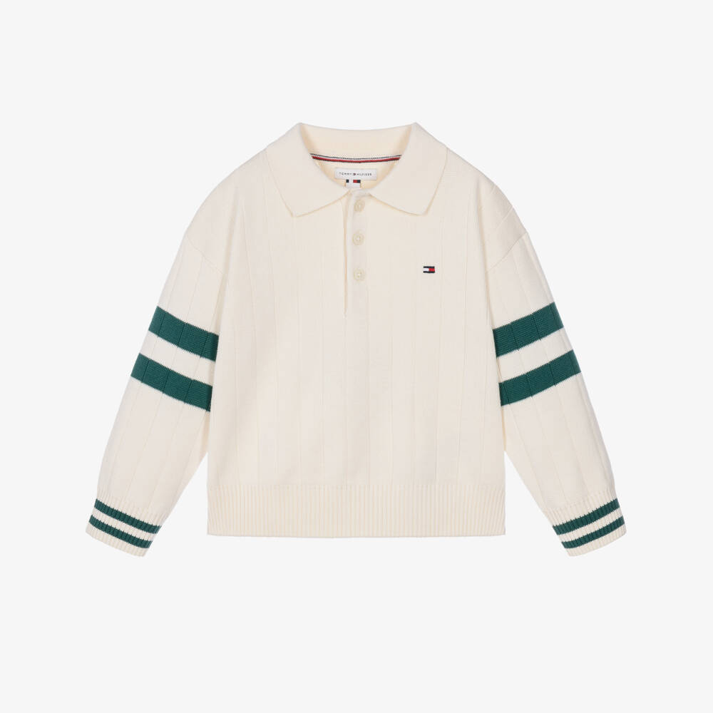 Tommy Hilfiger-Boys Ivory Textured Knit Polo Sweater with Flag Embroidery | Childrensalon