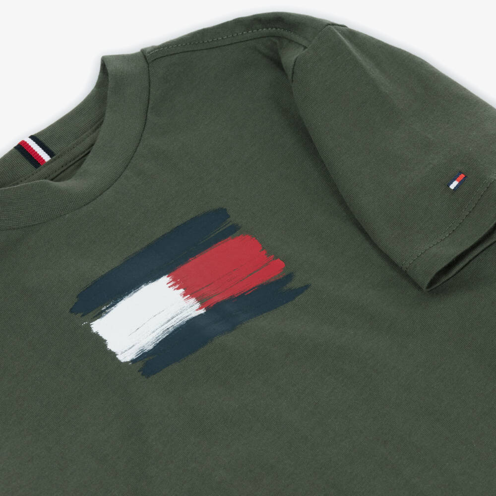 Tommy Hilfiger-Футболка зеленая хаки из хлопка с флагом для мальчиков | Childrensalon