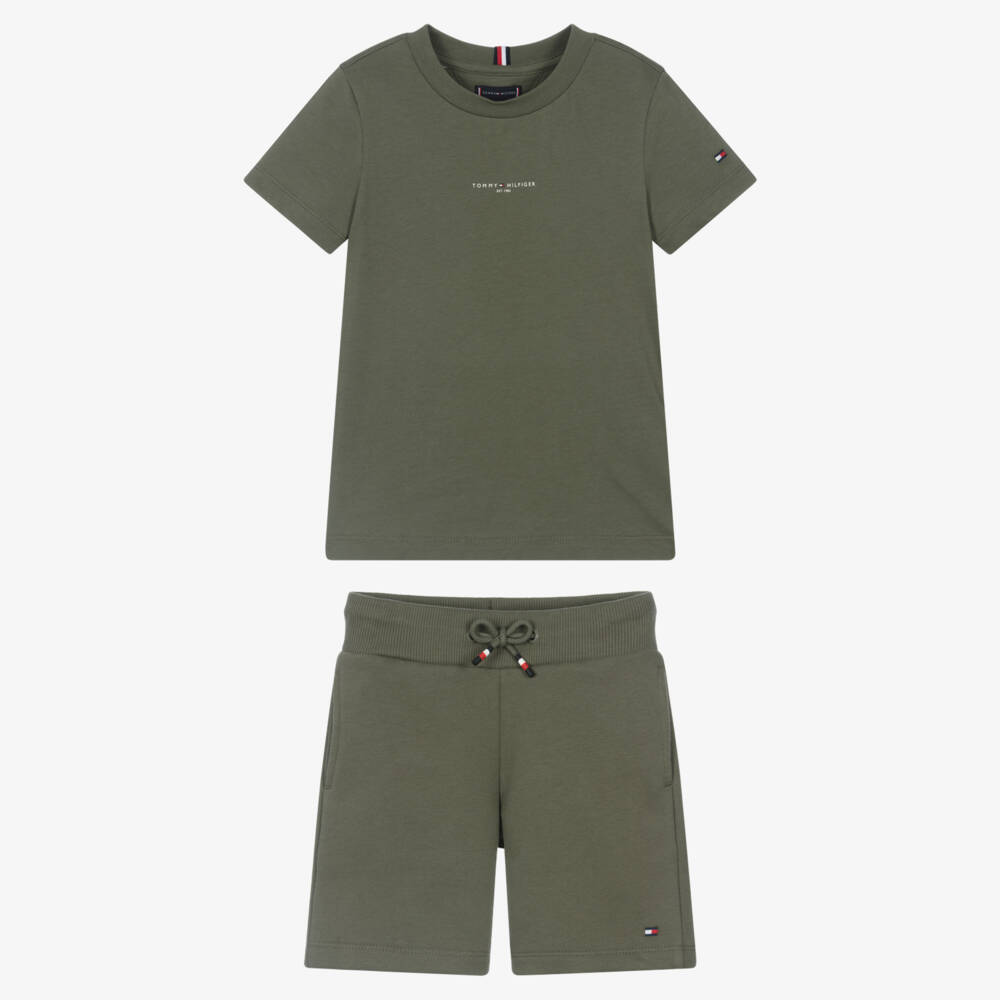 Tommy Hilfiger-Boys Khaki Green Cotton Jersey Shorts Set | Childrensalon
