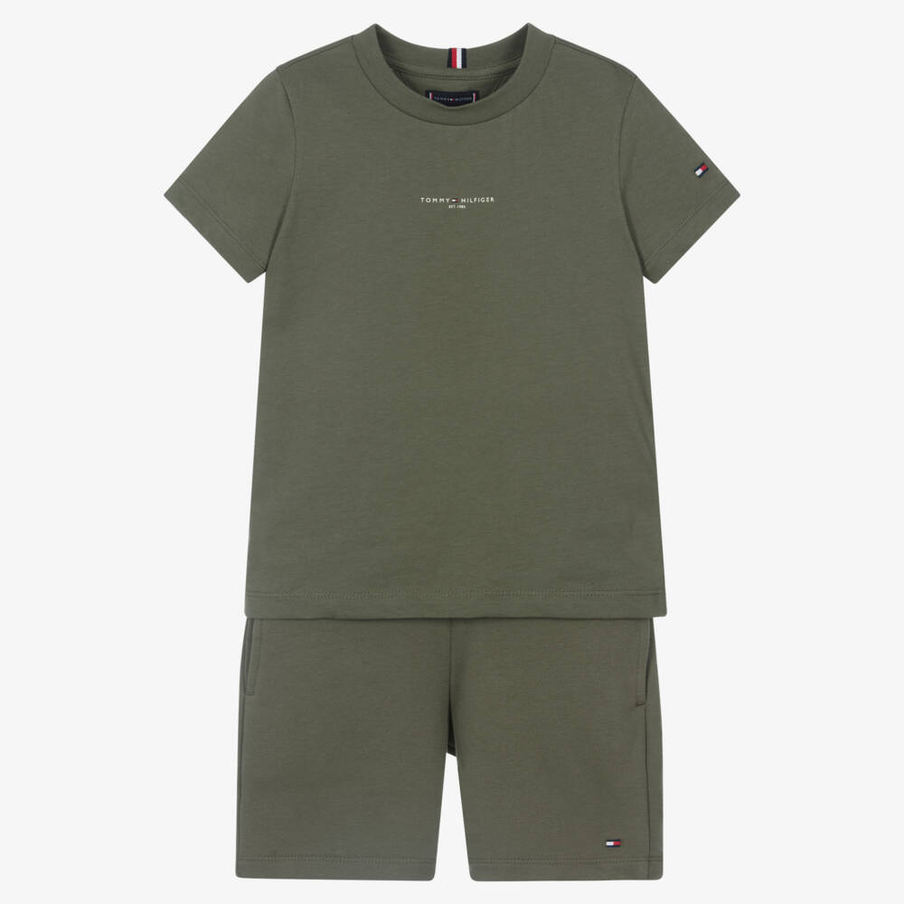 Tommy Hilfiger-Boys Khaki Green Cotton Jersey Shorts Set | Childrensalon