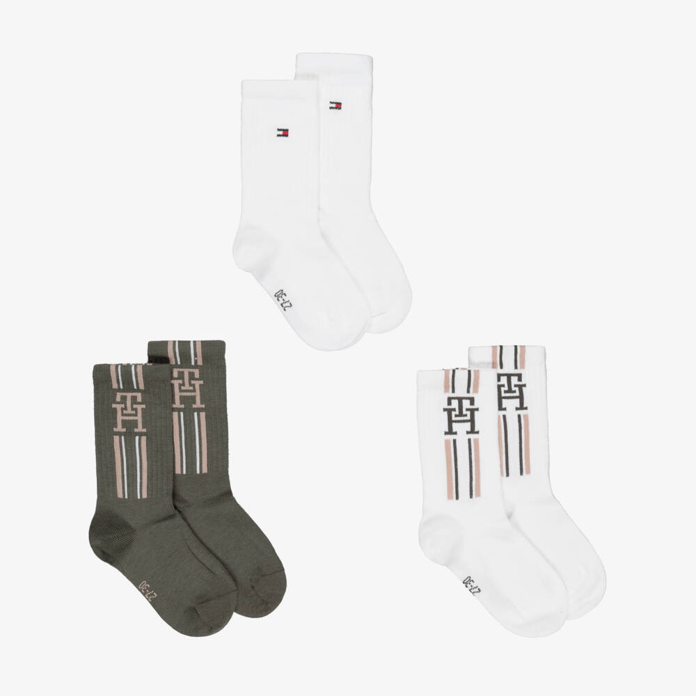 Tommy Hilfiger-Boys Khaki Green & White Logo Ankle Socks (3 Pack) | Childrensalon