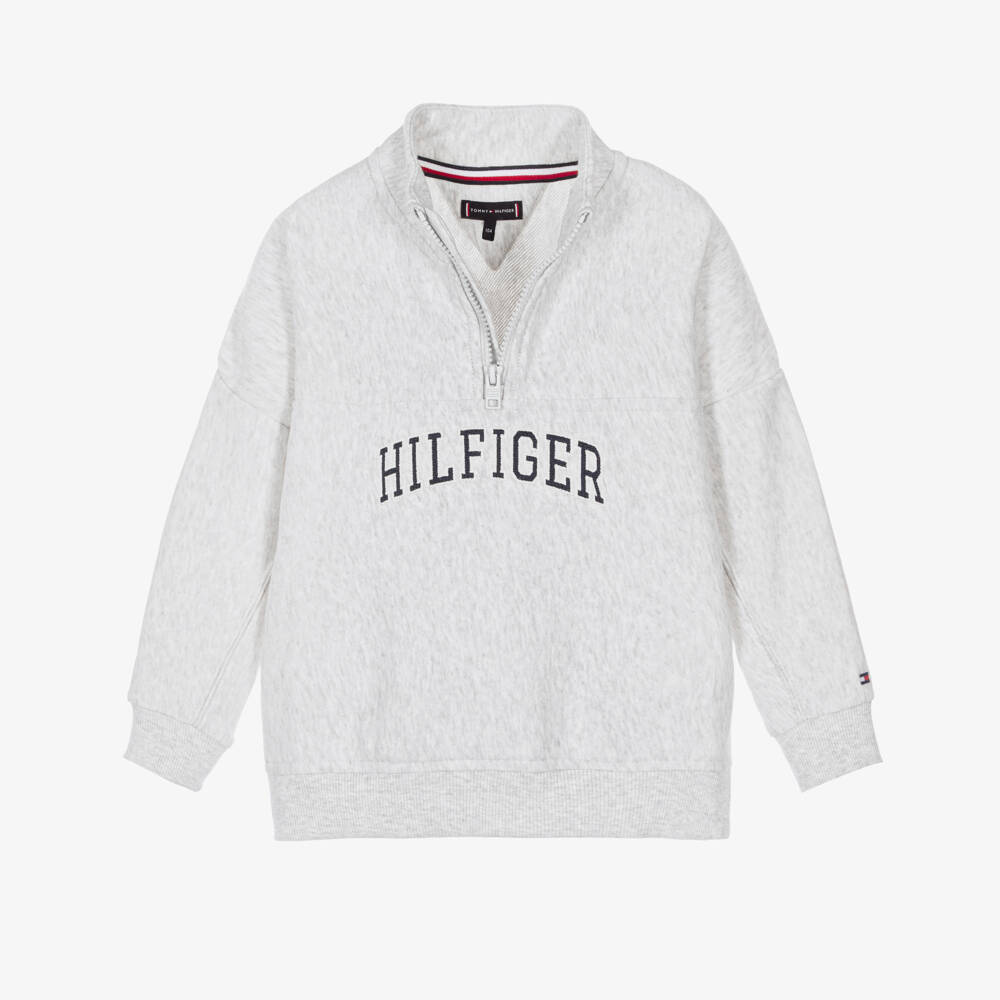 Tommy Hilfiger-Boys Light Grey Quarter-Zip Varsity Logo Sweatshirt | Childrensalon