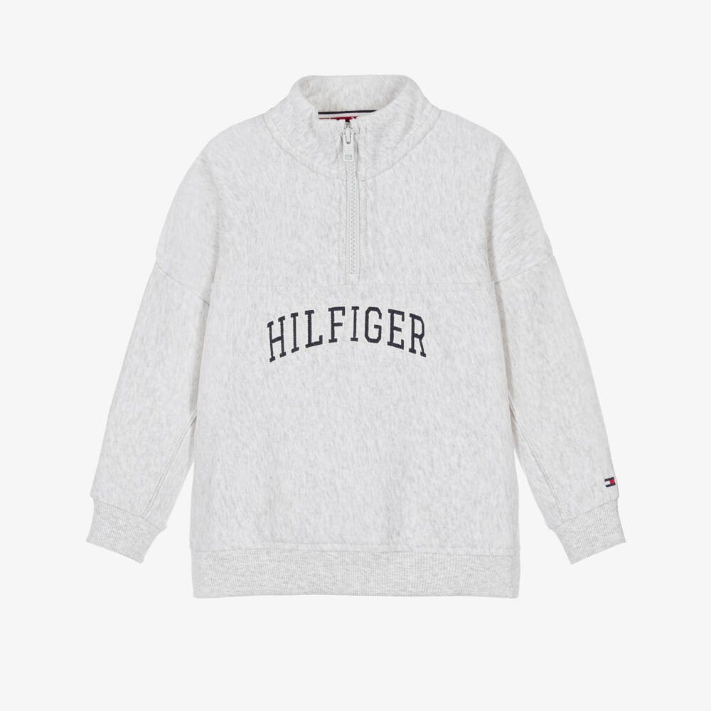 Tommy Hilfiger-Boys Light Grey Quarter-Zip Varsity Logo Sweatshirt | Childrensalon