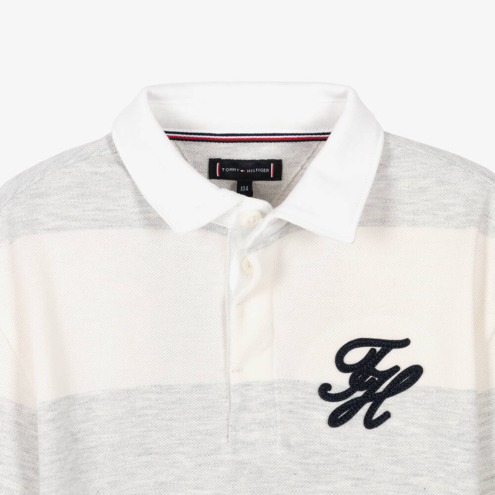 Tommy Hilfiger-Boys Light Grey Stripe Piqué Rugby Shirt | Childrensalon