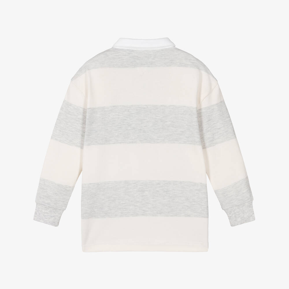Tommy Hilfiger-Boys Light Grey Stripe Piqué Rugby Shirt | Childrensalon