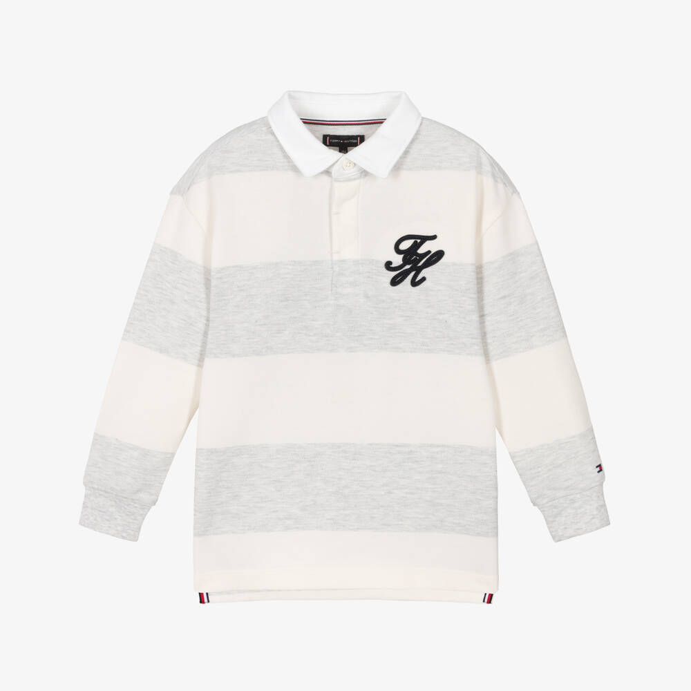 Tommy Hilfiger-Boys Light Grey Stripe Piqué Rugby Shirt | Childrensalon