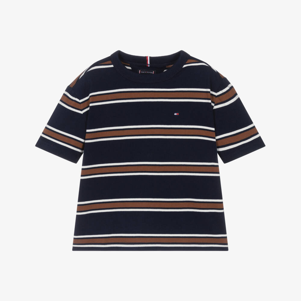 Tommy Hilfiger-Boys Navy Blue & Brown Stripe Cotton Jersey T-Shirt | Childrensalon