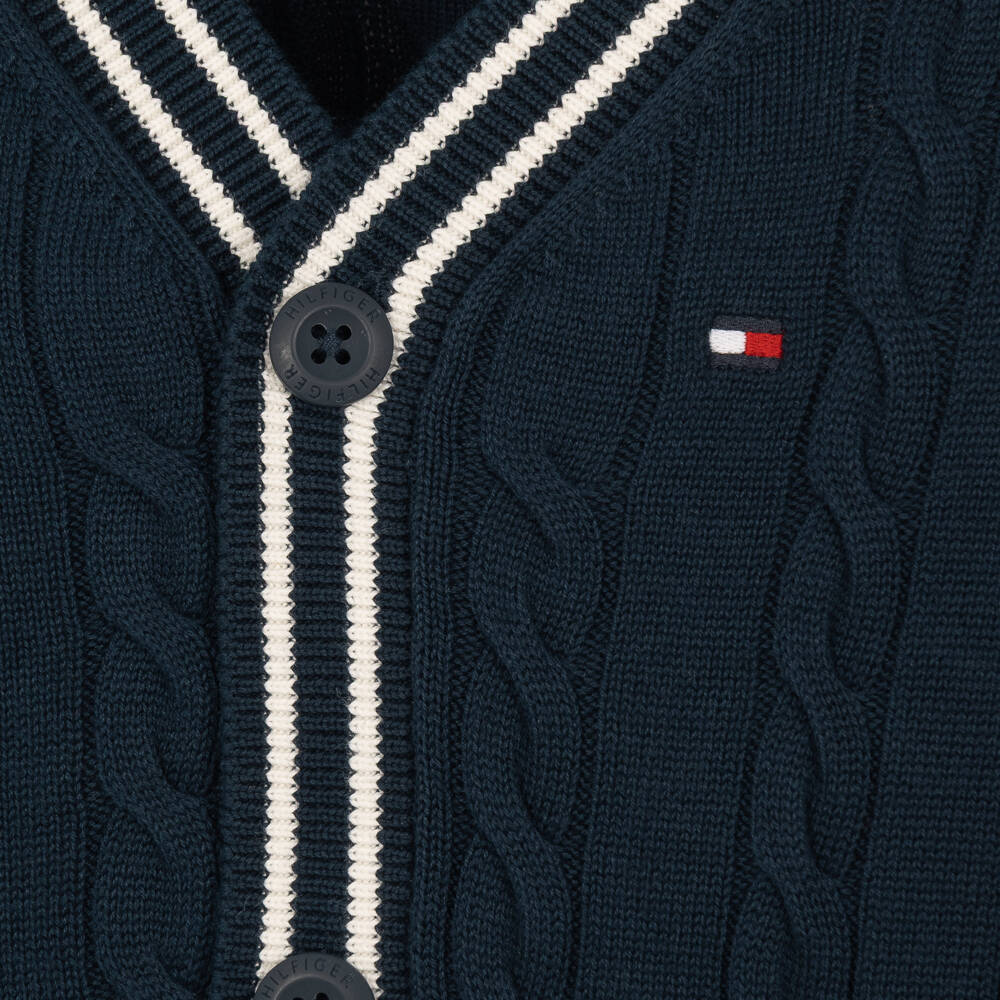 Tommy Hilfiger-Boys Navy Blue Cable Knit Cardigan with White Stripes | Childrensalon