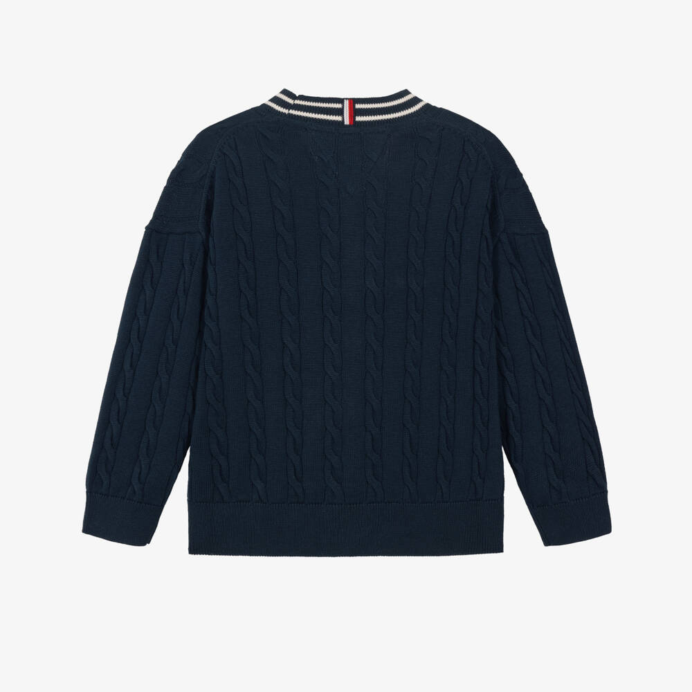 Tommy Hilfiger-Boys Navy Blue Cable Knit Cardigan with White Stripes | Childrensalon
