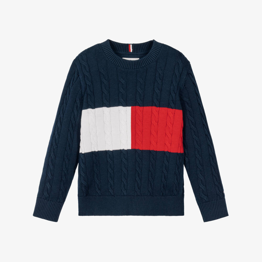 Tommy Hilfiger-Boys Navy Blue Cable Knit Flag Sweater | Childrensalon