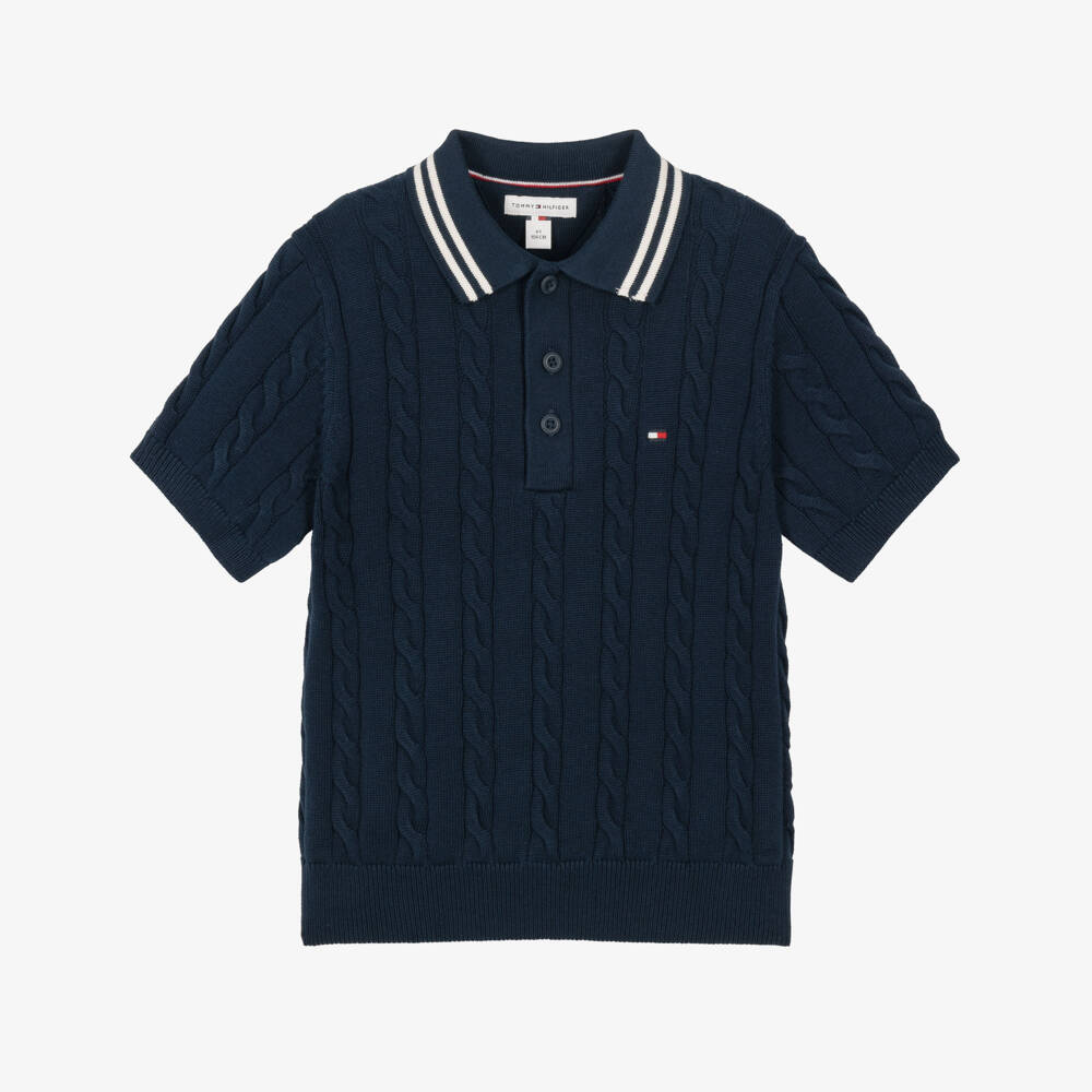 Tommy Hilfiger-Boys Navy Blue Cable Knit Polo Shirt | Childrensalon