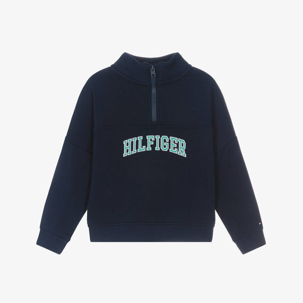 Tommy Hilfiger-Boys Navy Blue Cotton 1/4 Zip Sweatshirt with Varsity Logo | Childrensalon