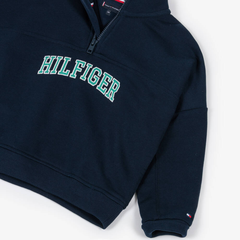 Tommy Hilfiger-Boys Navy Blue Cotton 1/4 Zip Sweatshirt with Varsity Logo | Childrensalon