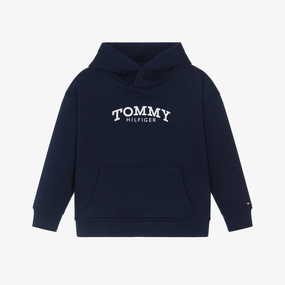 Tommy Hilfiger-Boys Navy Blue Cotton Hoodie with Arched Logo | Childrensalon