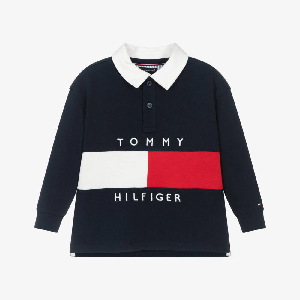 Tommy Hilfiger-Boys Navy Blue Cotton Jersey Heritage Flag Logo Rugby Shirt | Childrensalon