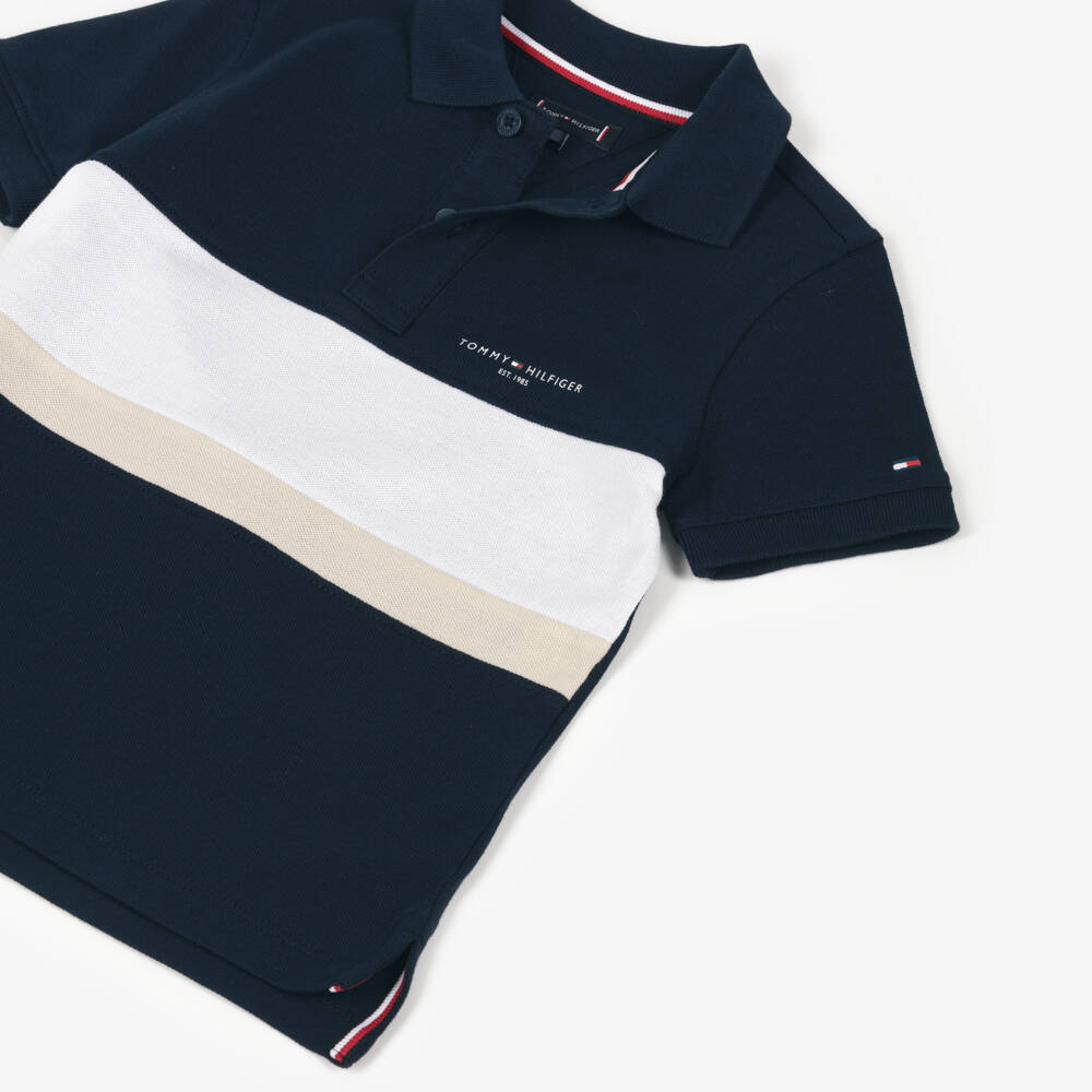 Tommy Hilfiger-Boys Navy Blue Cotton Piqué Colour Block Polo Shirt | Childrensalon