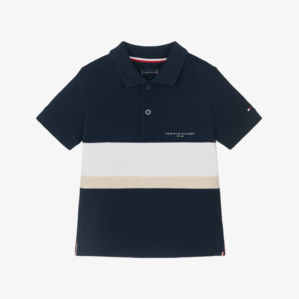 Tommy Hilfiger-Boys Navy Blue Cotton Piqué Colour Block Polo Shirt | Childrensalon