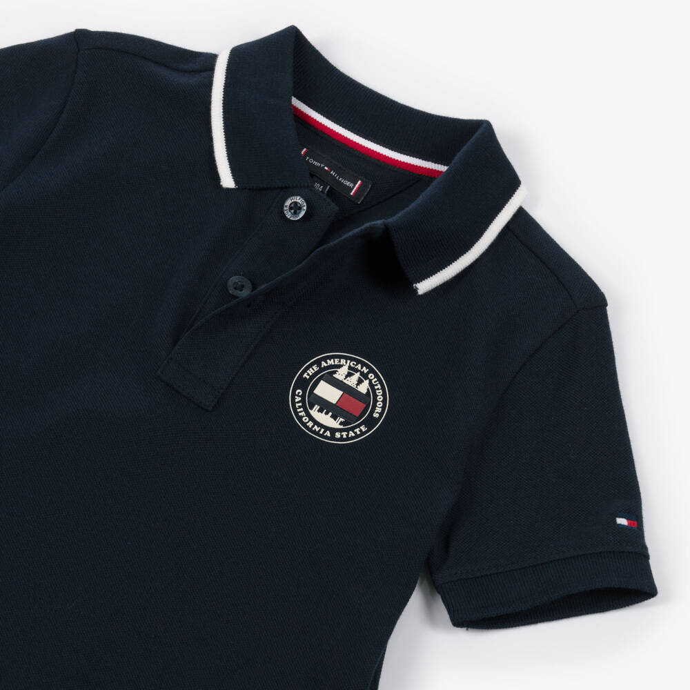 Tommy Hilfiger-Boys Navy Blue Cotton Piqué Polo Shirt with Short Sleeves | Childrensalon