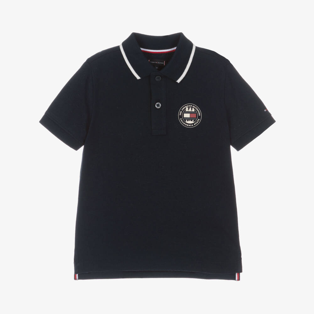Tommy Hilfiger-Boys Navy Blue Cotton Piqué Polo Shirt with Short Sleeves | Childrensalon