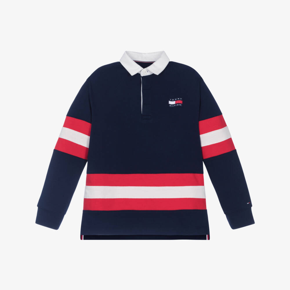 Tommy Hilfiger-Boys Navy Blue Cotton Rugby Shirt with Red Striped Trim | Childrensalon