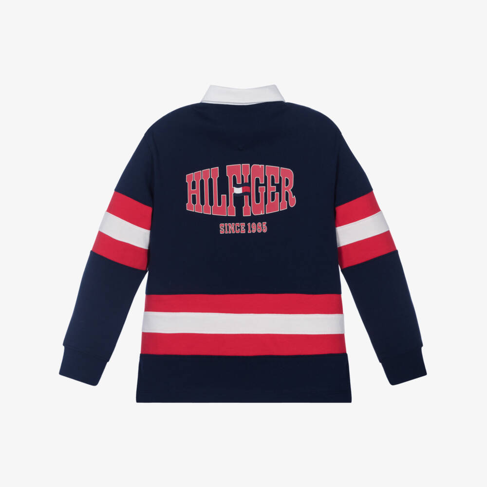 Tommy Hilfiger-Boys Navy Blue Cotton Rugby Shirt with Red Striped Trim | Childrensalon