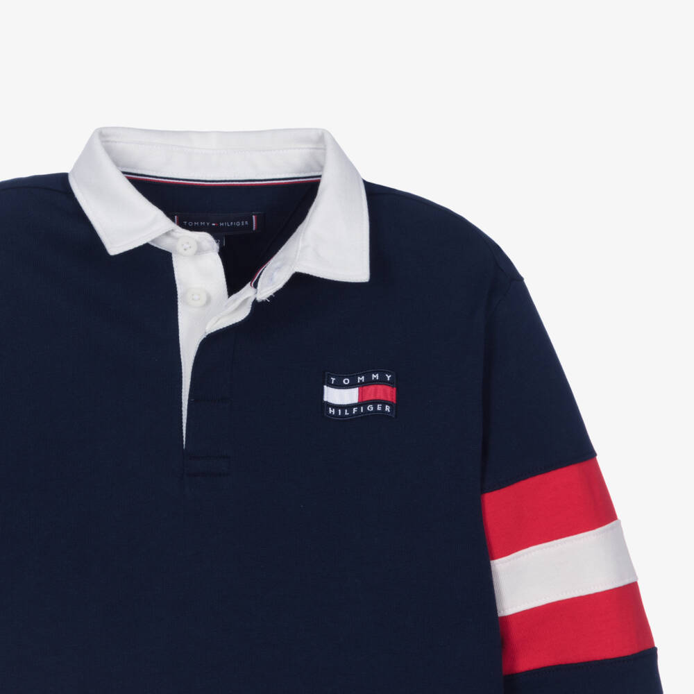Tommy Hilfiger-Boys Navy Blue Cotton Rugby Shirt with Red Striped Trim | Childrensalon