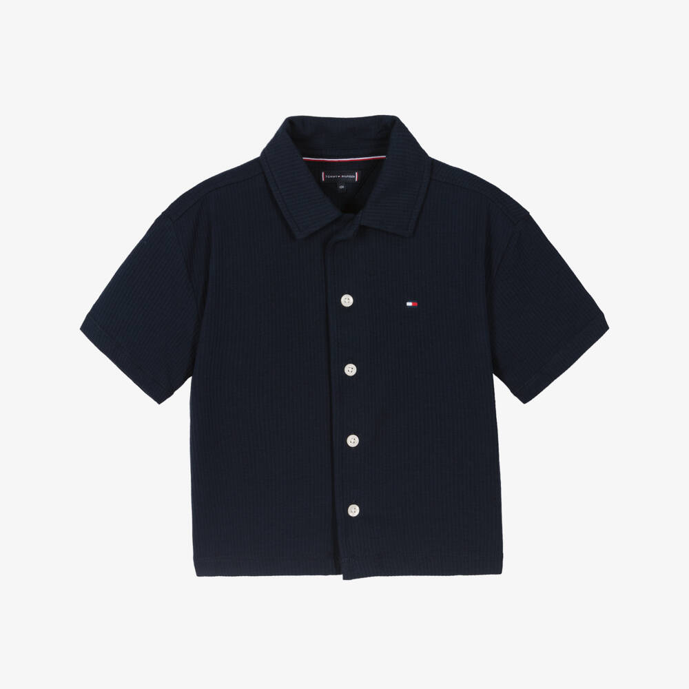 Tommy Hilfiger-Boys Navy Blue Cotton Seersucker Jersey Shirt | Childrensalon