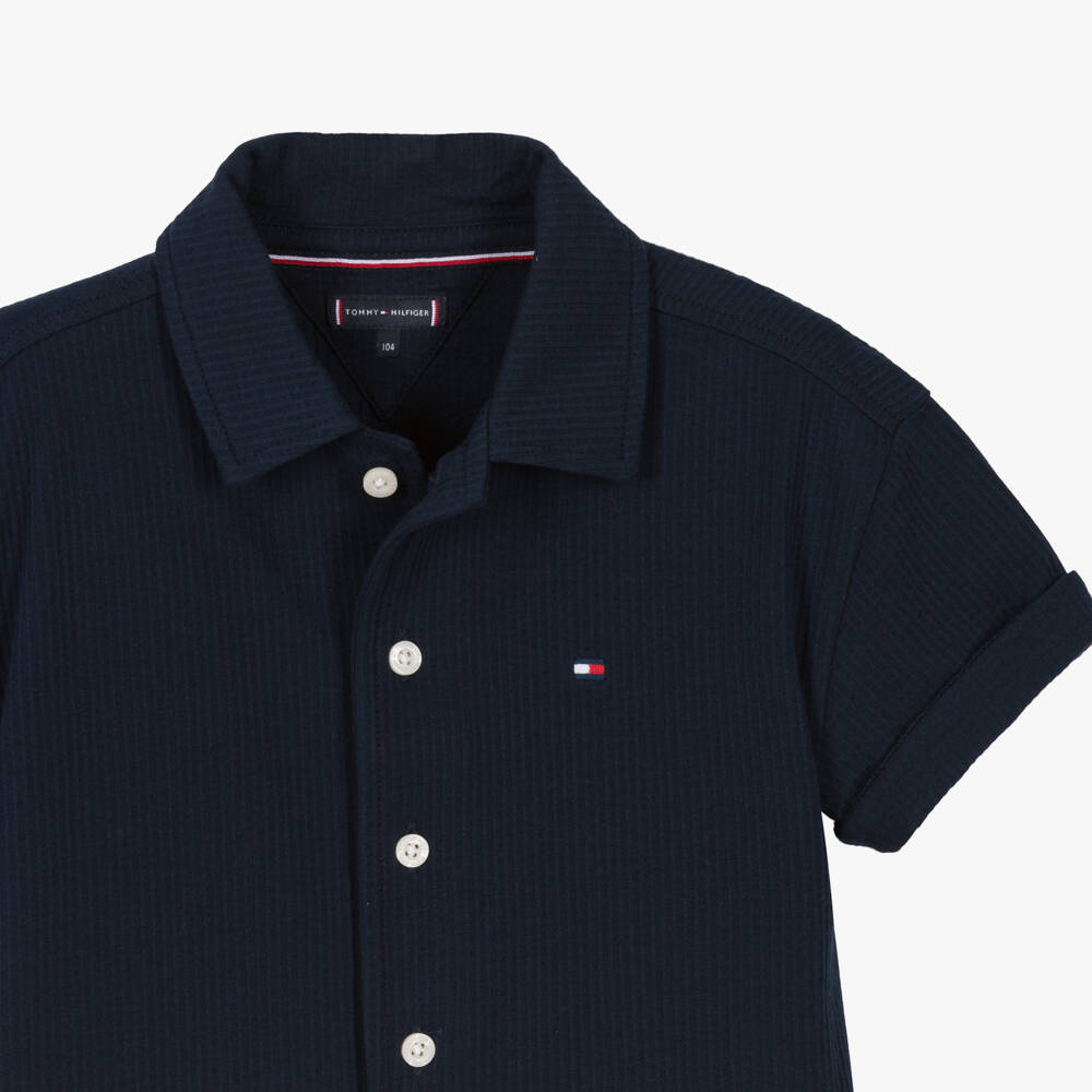 Tommy Hilfiger-Boys Navy Blue Cotton Seersucker Jersey Shirt | Childrensalon