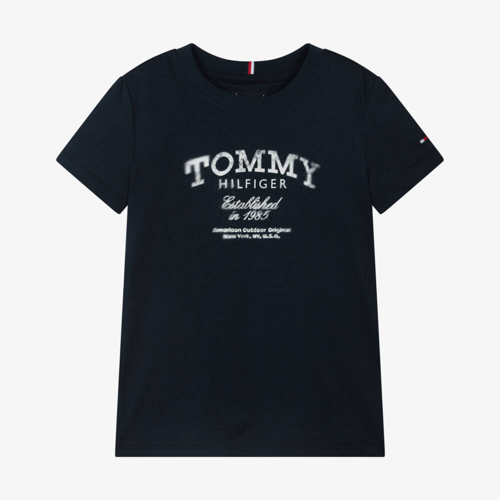 Tommy Hilfiger-Boys Navy Blue Cotton T-Shirt with Faded Logo Print | Childrensalon