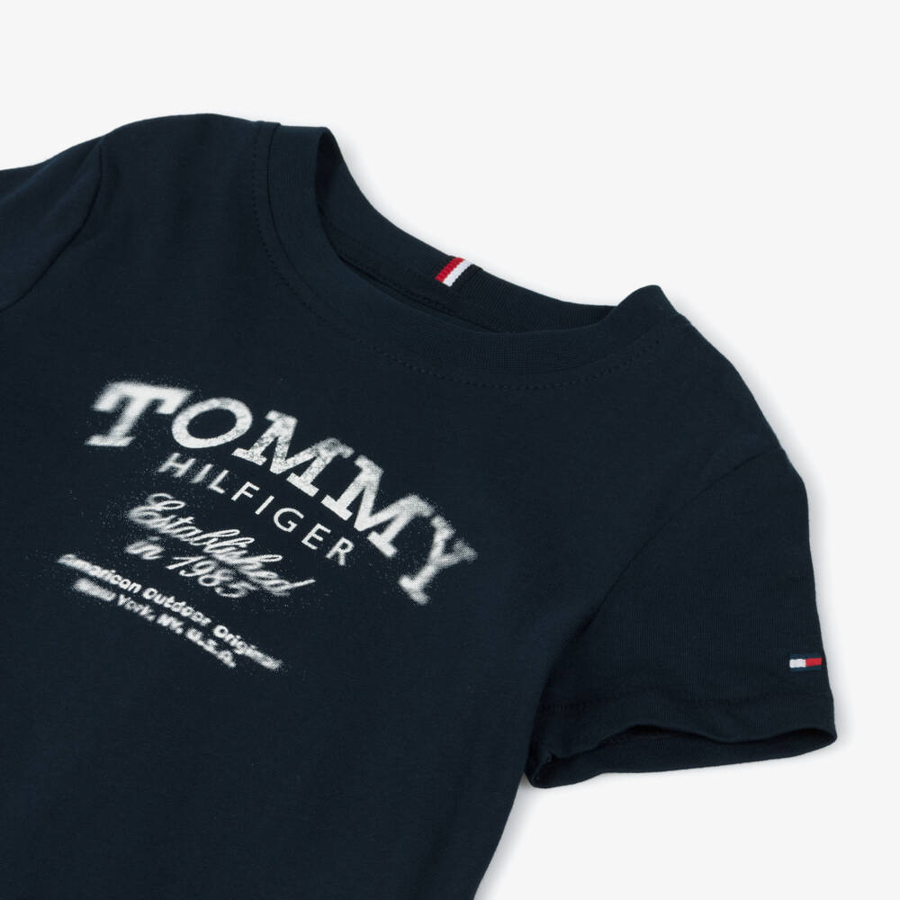 Tommy Hilfiger-Boys Navy Blue Cotton T-Shirt with Faded Logo Print | Childrensalon
