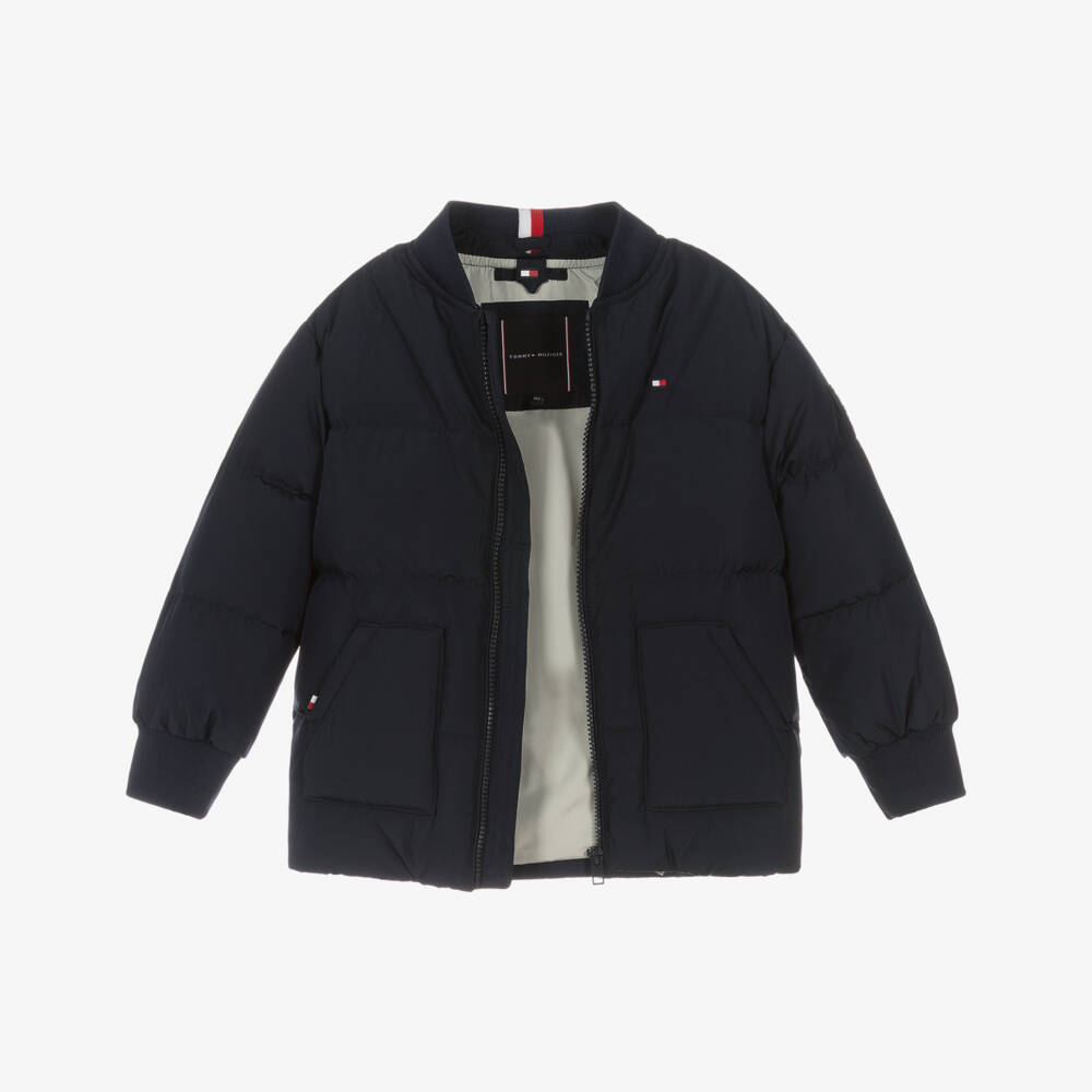 Tommy Hilfiger-Boys Navy Blue Down Padded Puffer Jacket with Jersey Hood | Childrensalon