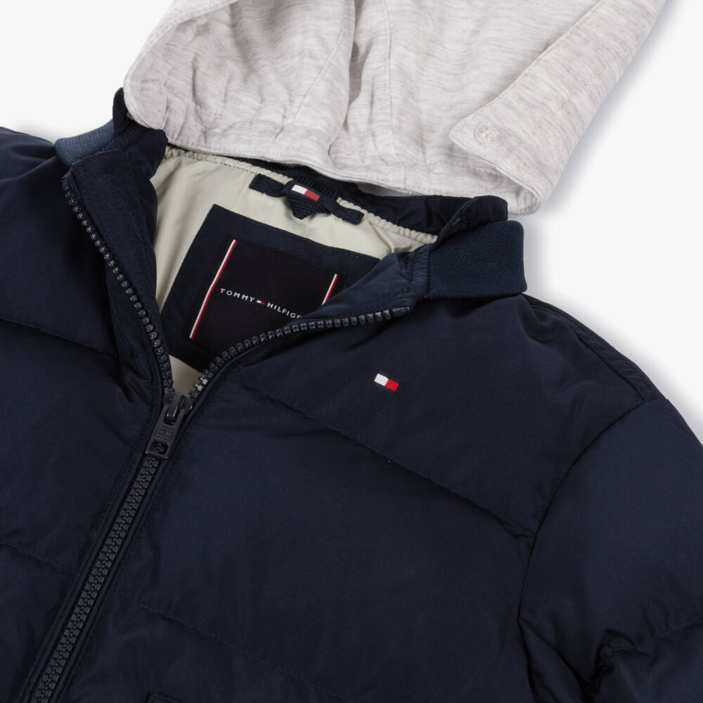 Tommy Hilfiger-Boys Navy Blue Down Padded Puffer Jacket with Jersey Hood | Childrensalon