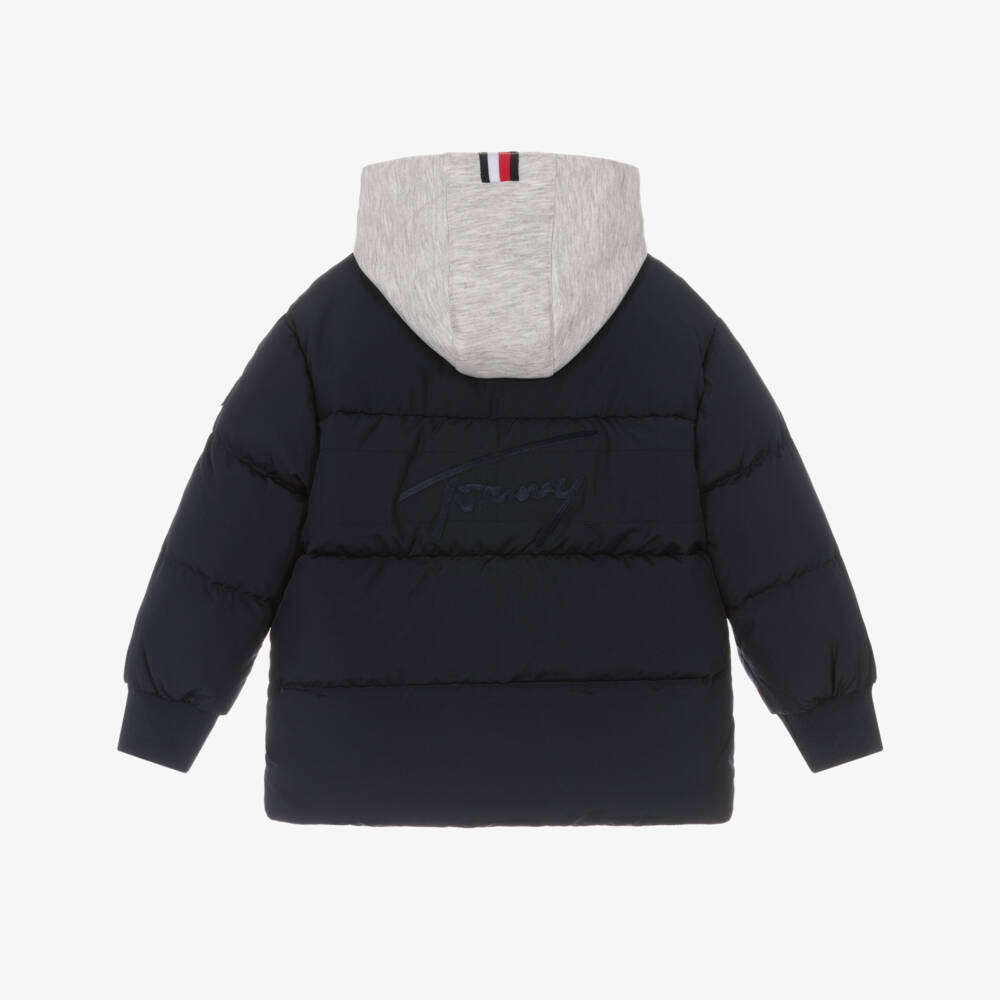 Tommy Hilfiger-Boys Navy Blue Down Padded Puffer Jacket with Jersey Hood | Childrensalon