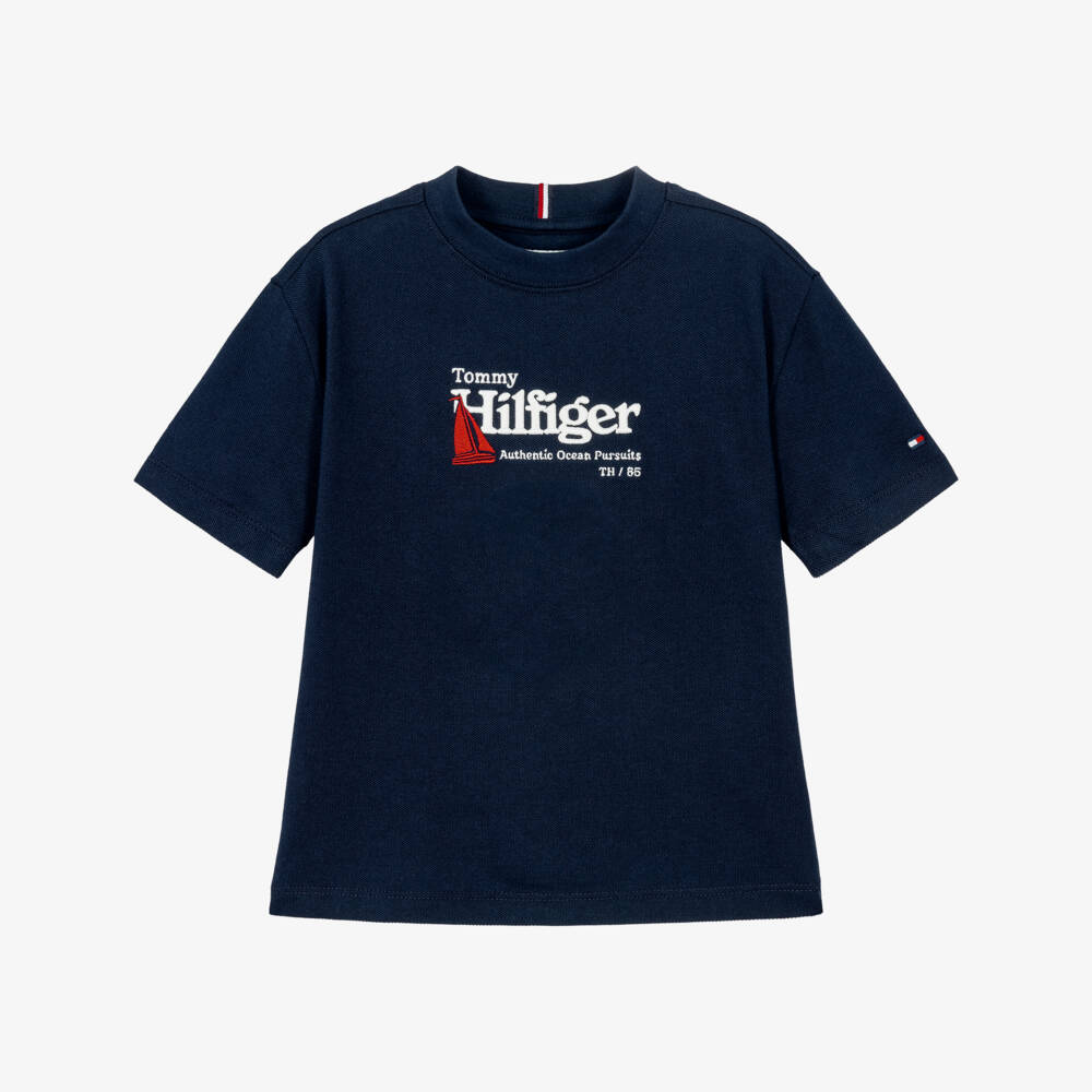 Tommy Hilfiger-Boys Navy Blue Embroidered Cotton Piqué T-Shirt | Childrensalon