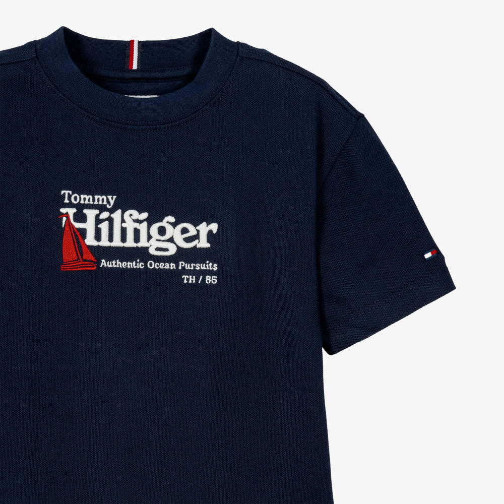 Tommy Hilfiger-Boys Navy Blue Embroidered Cotton Piqué T-Shirt | Childrensalon