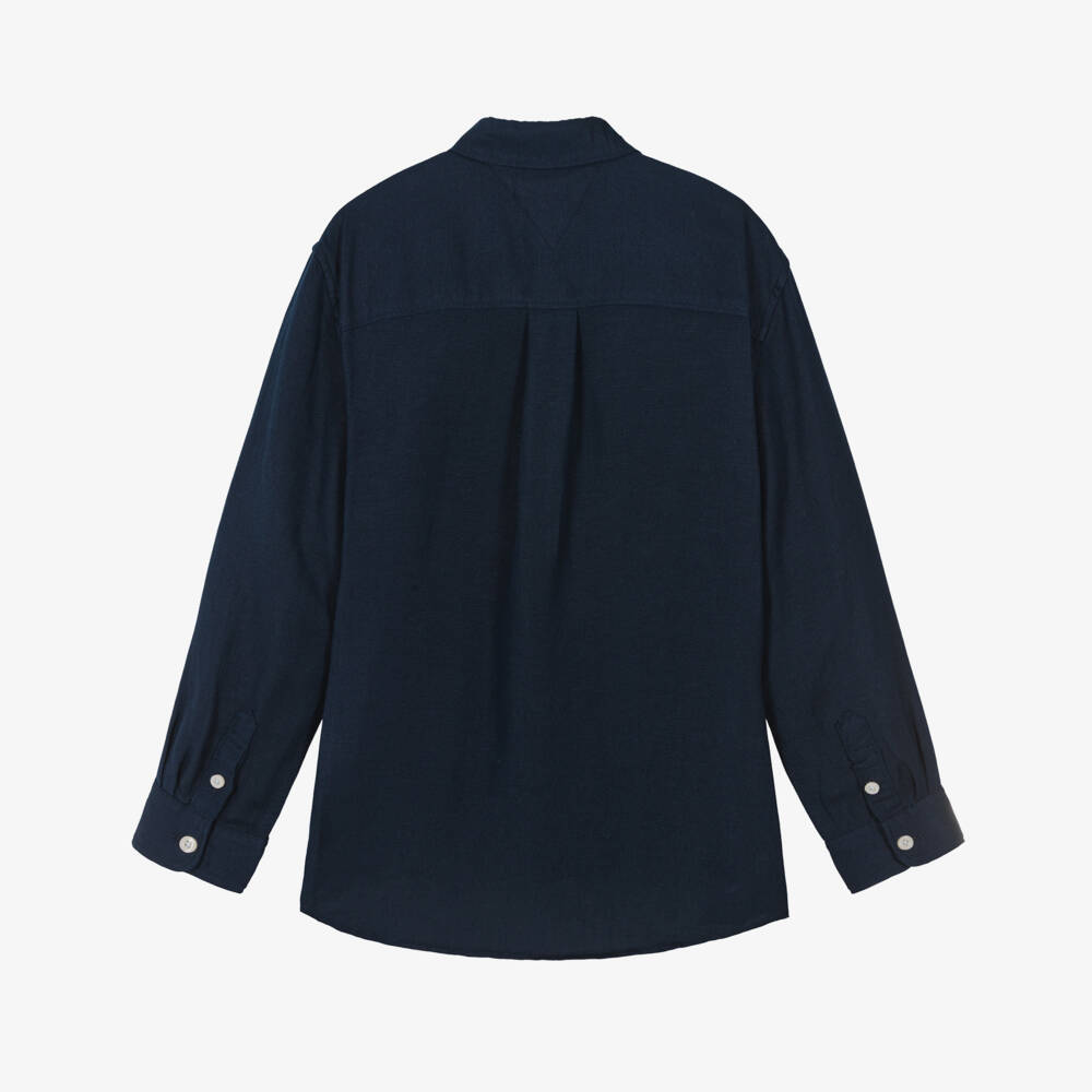 Tommy Hilfiger-Boys Navy Blue Linen Blend Shirt with Flag Embroidery | Childrensalon