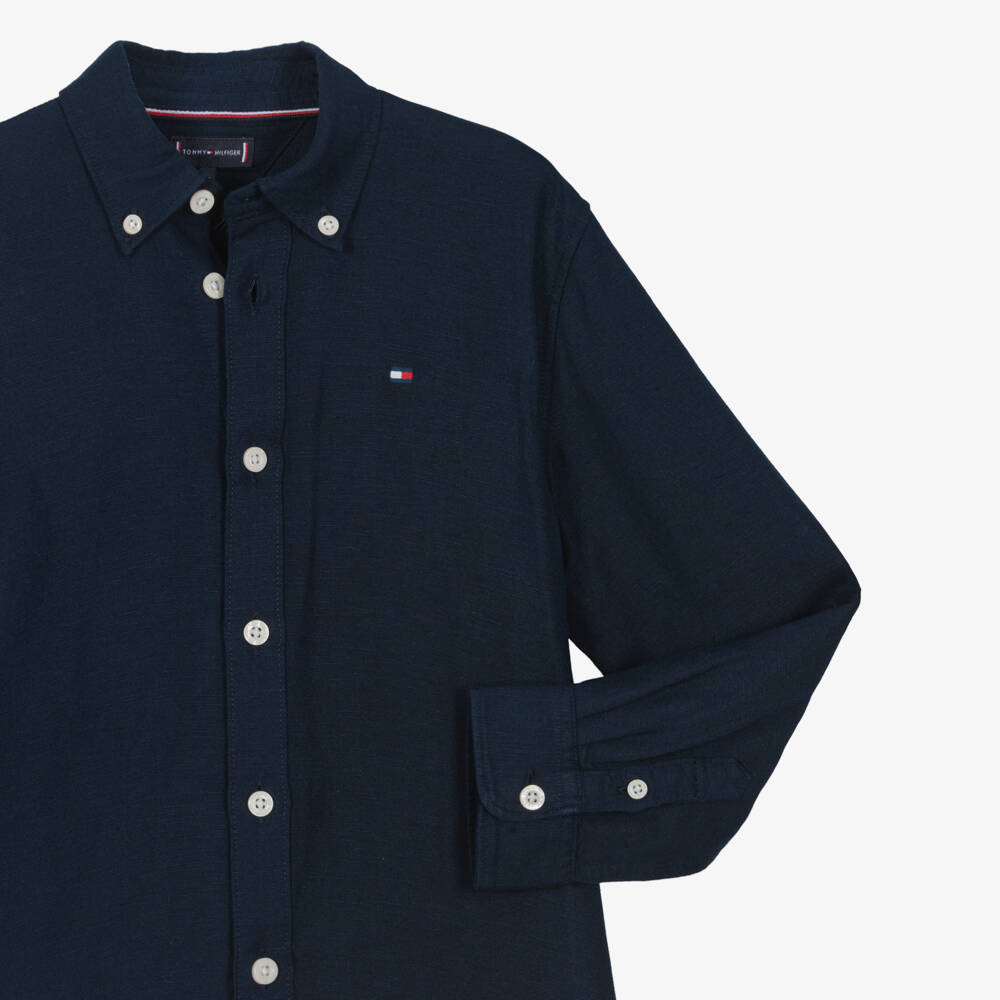 Tommy Hilfiger-Boys Navy Blue Linen Blend Shirt with Flag Embroidery | Childrensalon