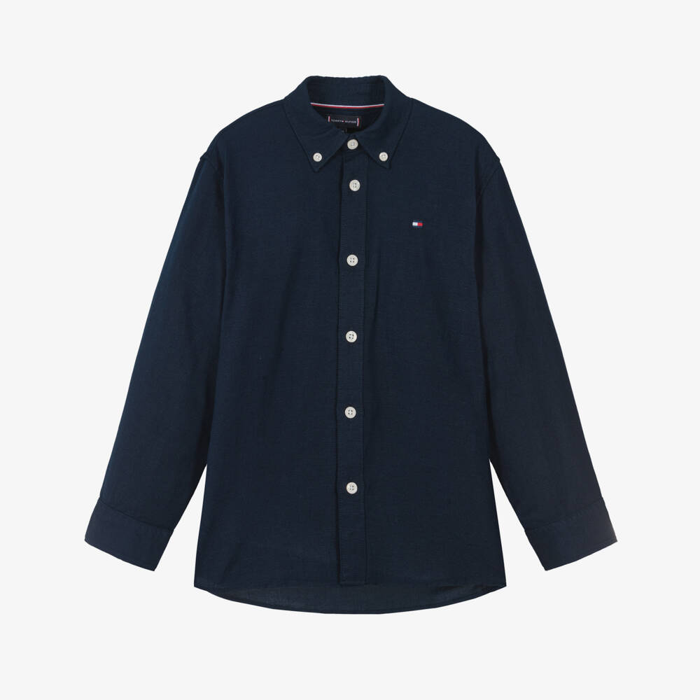 Tommy Hilfiger-Boys Navy Blue Linen Blend Shirt with Flag Embroidery | Childrensalon