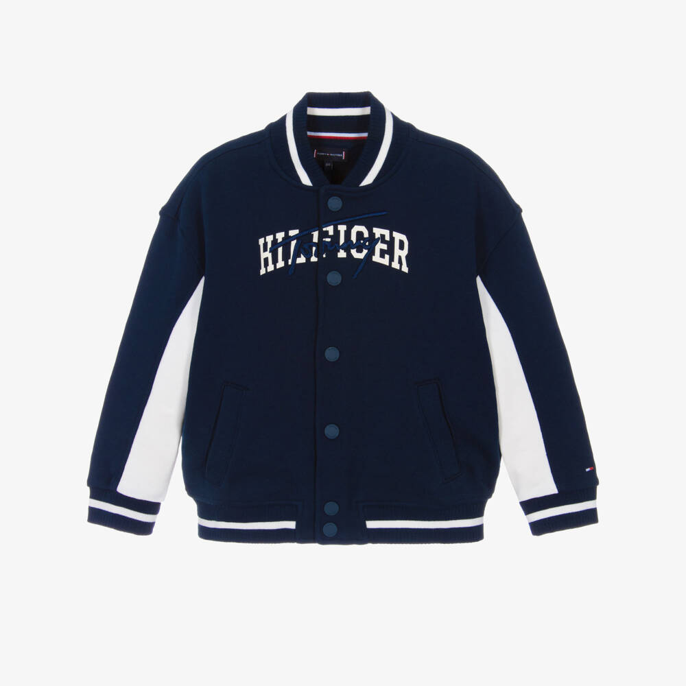 Tommy Hilfiger-Boys Navy Blue Mixed Logo Cotton Jersey Bomber Jacket | Childrensalon
