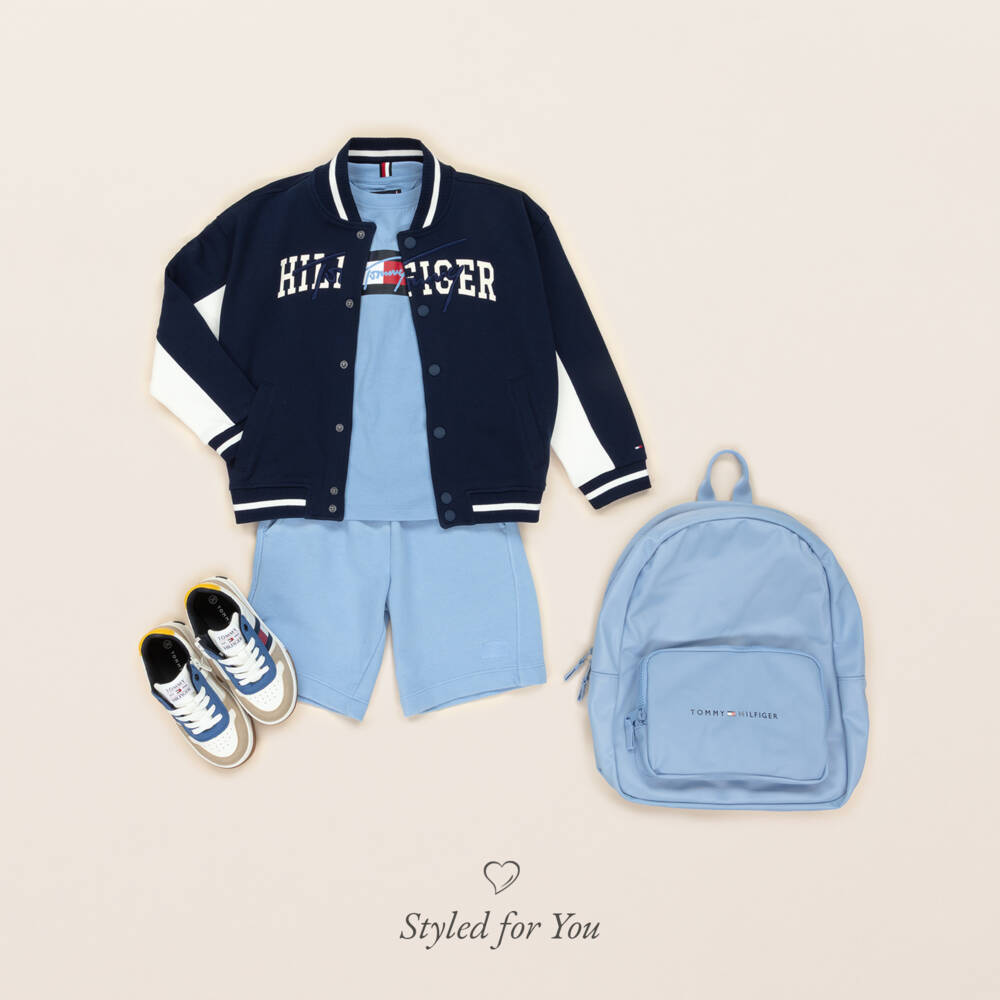 Tommy Hilfiger-Boys Navy Blue Mixed Logo Cotton Jersey Bomber Jacket | Childrensalon