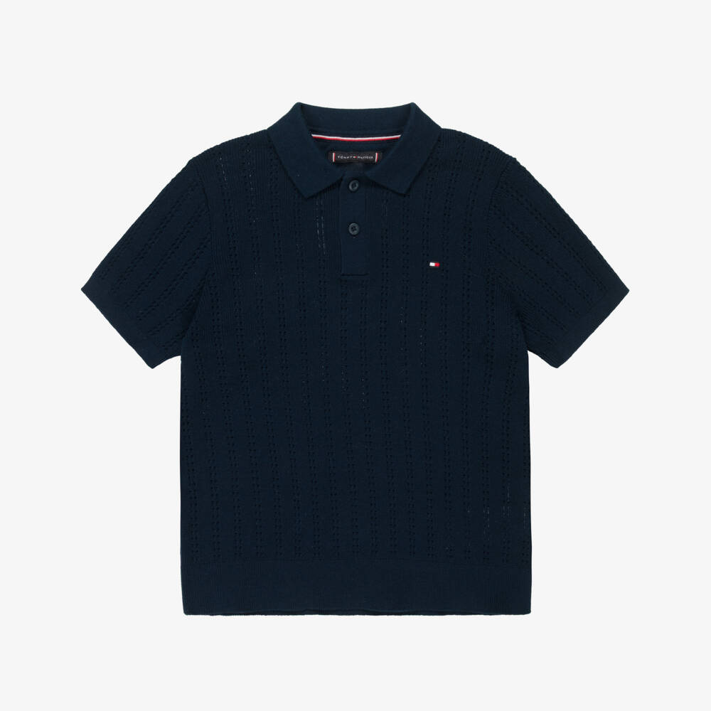 Tommy Hilfiger-Boys Navy Blue Pointelle Stripe Cotton Knit Polo Shirt | Childrensalon