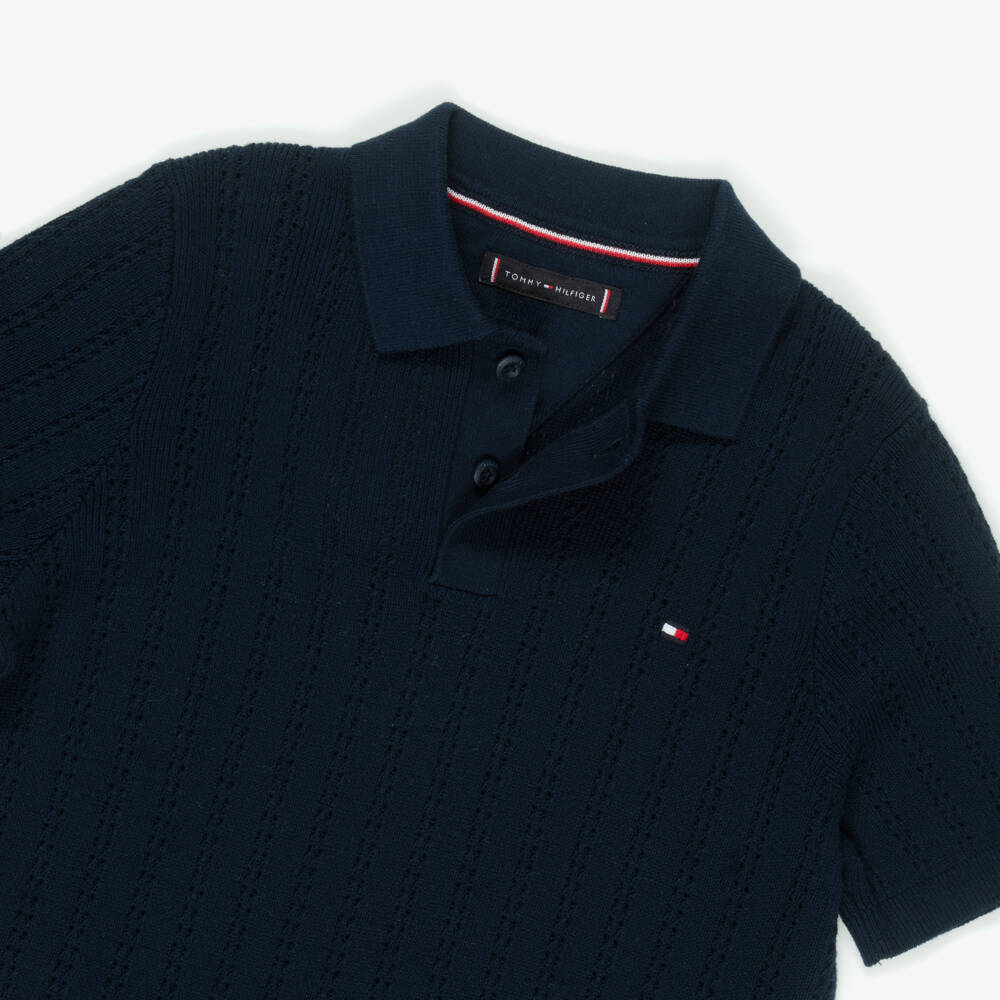 Tommy Hilfiger-Boys Navy Blue Pointelle Stripe Cotton Knit Polo Shirt | Childrensalon