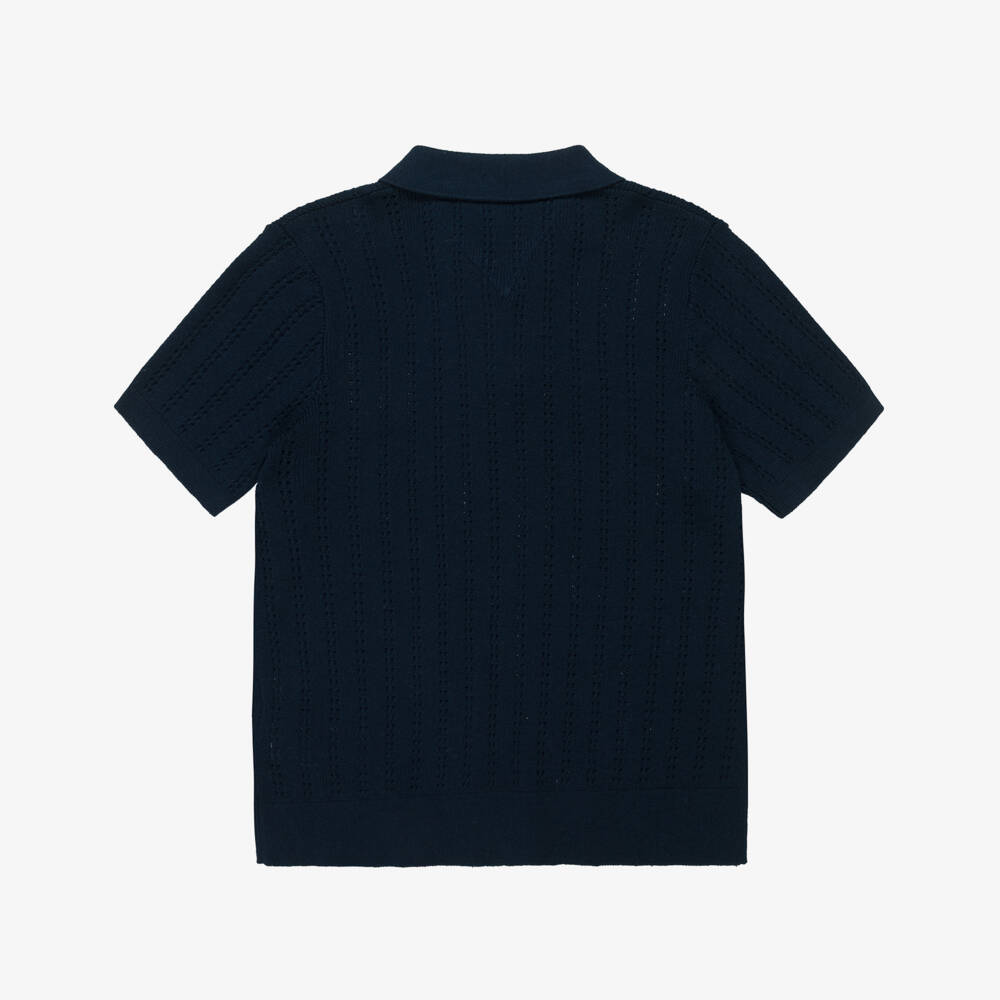 Tommy Hilfiger-Boys Navy Blue Pointelle Stripe Cotton Knit Polo Shirt | Childrensalon