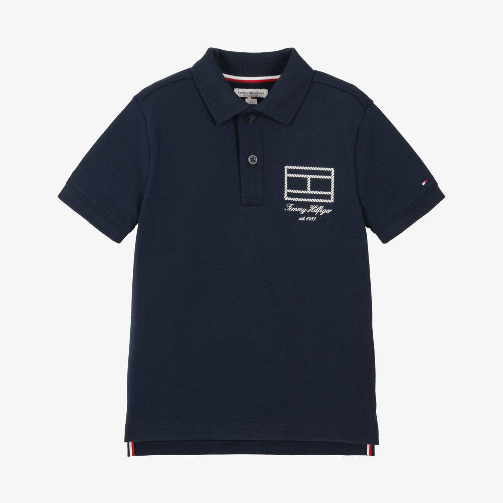 Tommy Hilfiger-Boys Navy Blue Polo Shirt with Rope Flag Graphic | Childrensalon