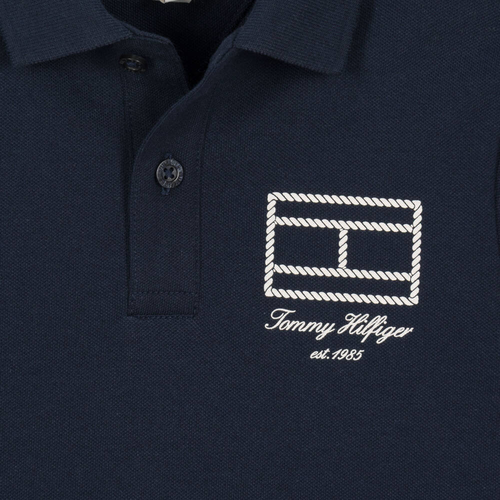 Tommy Hilfiger-Boys Navy Blue Polo Shirt with Rope Flag Graphic | Childrensalon