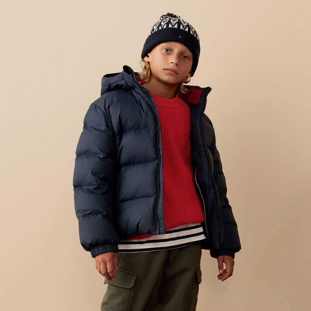 Tommy Hilfiger-Boys Navy Blue Puffer Jacket with Detachable Hood | Childrensalon