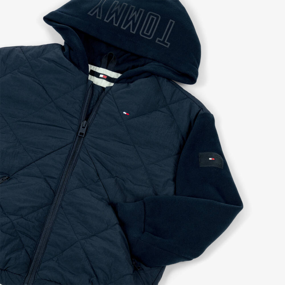 Tommy Hilfiger-Boys Navy Blue Quilted Jacket with Jersey Hood & Sleeves | Childrensalon