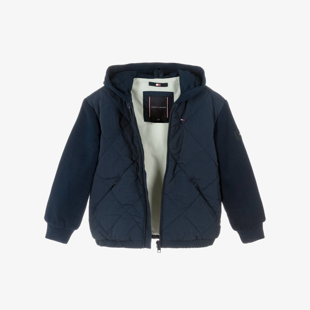 Tommy Hilfiger-Boys Navy Blue Quilted Jacket with Jersey Hood & Sleeves | Childrensalon