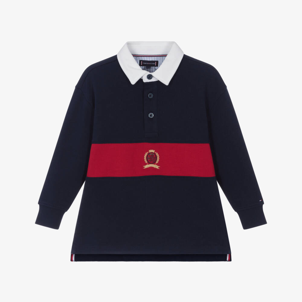Tommy Hilfiger-Boys Navy Blue & Red Cotton Polo Shirt with Crest Logo | Childrensalon