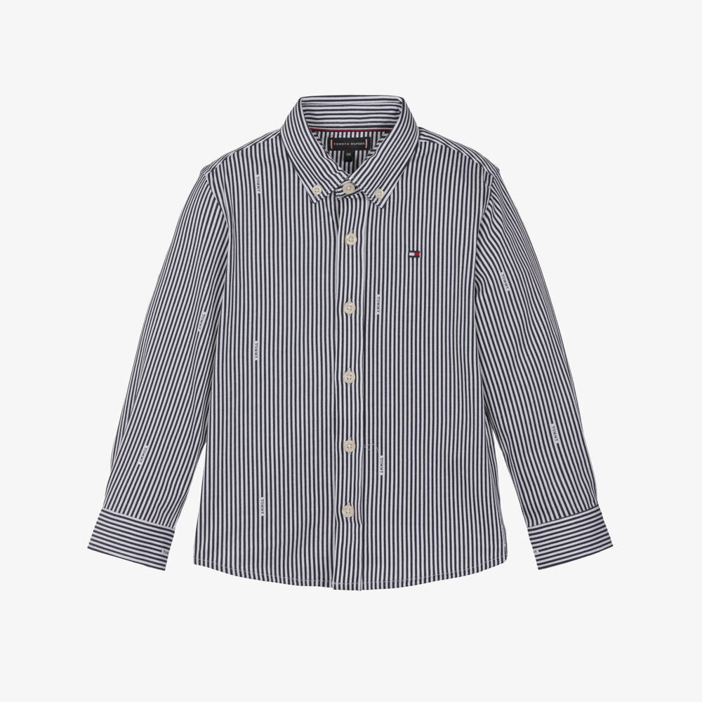 Tommy Hilfiger-Boys Navy Blue Stripe Cotton Button Down Shirt with Logos | Childrensalon